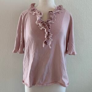 Peter Nygard Collection Short Sleeve Pink Ruffle Silk Sweater Womens Large